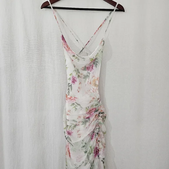 Sau Lee Frieda Silk Cowl Neck High Low Ruched Dress in White Pink Floral Size 4 - Picture 3 of 11